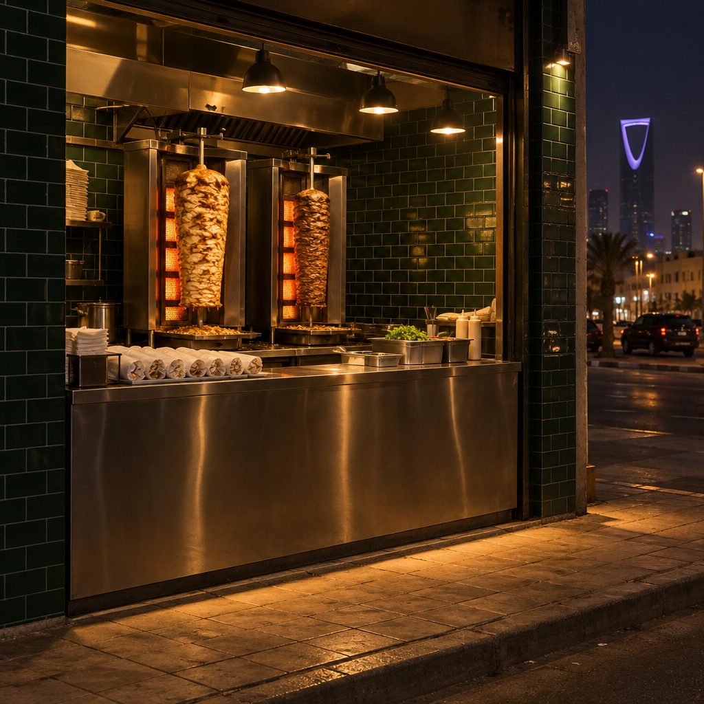 The shopfront at night, with the spits turning behind the glass