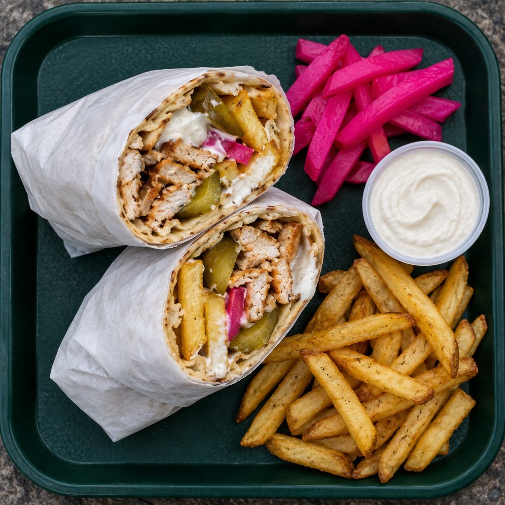 A shawarma wrap cut in half, showing chicken, toum and pickles, with fries, pink pickled turnip and a pot of toum